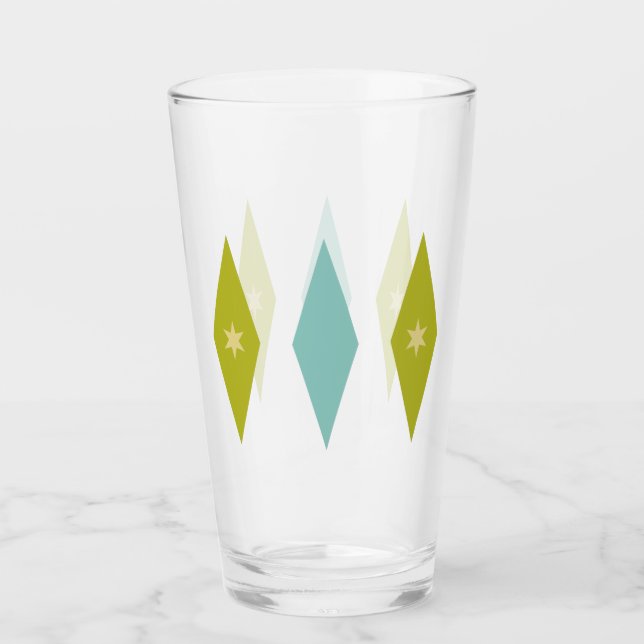Avocado Green Aqua Stars & Diamonds Mid Century Glas (Vorderseite)