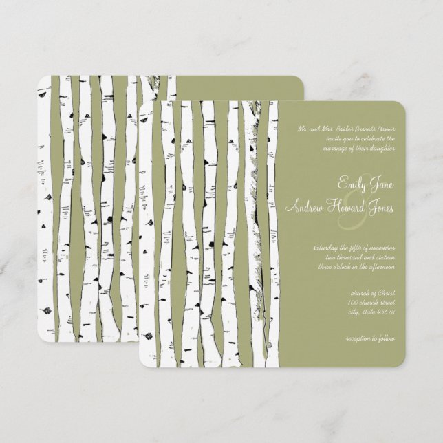 Avocado Green Birch Tree Hochzeitseinladungen Einladung (Vorne/Hinten)