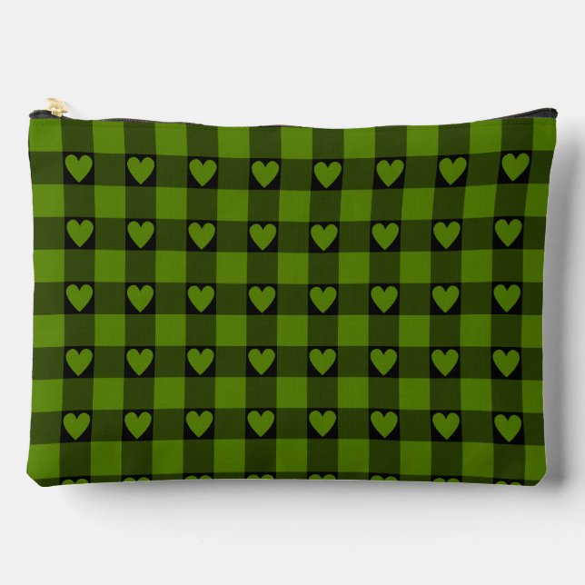 Avocado Green Black Buffalo Heart Plaid Zubehörtasche (Vorderseite)