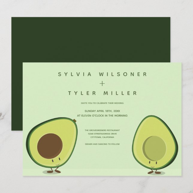 Avocado Green Illustration Wedding Einladung (Vorne/Hinten)