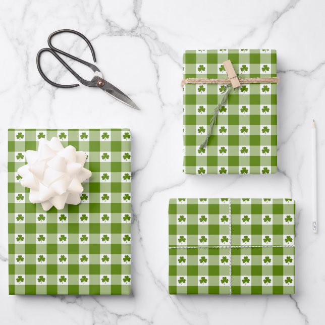 Avocado-Grün Karo Kleeblatt Retro-Farbe Geschenkpapier Set (Vorderseite)