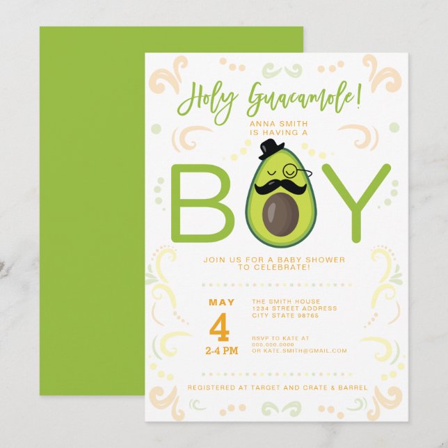 Avocado Holy Guacamole Kinderdusche Taco Party Einladung (Vorne/Hinten)