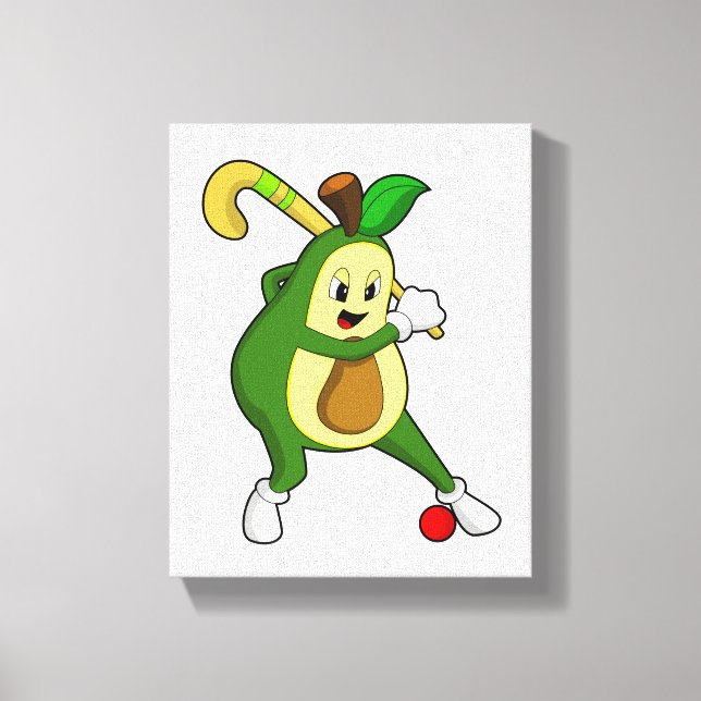 Avocado im Hockey mit Hockeyschläger Leinwanddruck (Vorderseite)