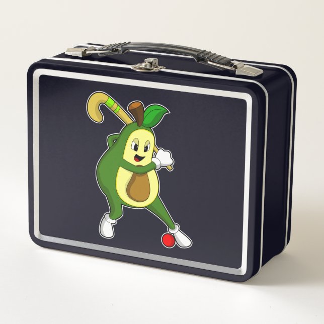 Avocado im Hockey mit Hockeyschläger Metall Brotdose (Vorderseite)