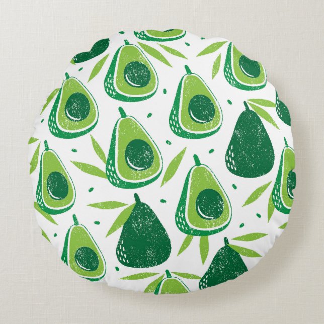 Avocado, strukturierte Briefmarke, nahtlose Muster Rundes Kissen (Vorderseite)