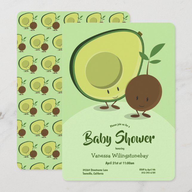 Avocado und Pit Cartoon Character Baby Shooter Einladung (Vorne/Hinten)
