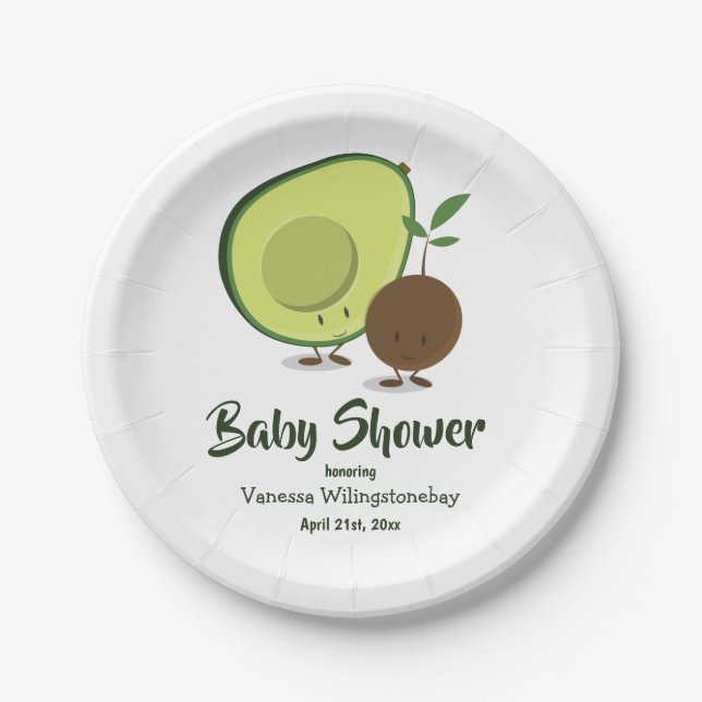 Avocado und Pit Cartoon Green White Baby Dusche Pappteller (Vorderseite)
