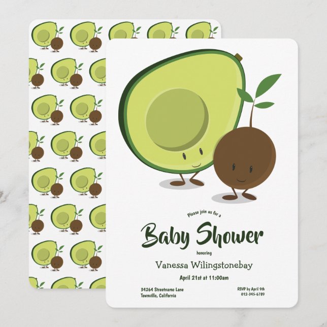 Avocado und Pit Cartoon White Green Baby Dusche Einladung (Vorne/Hinten)