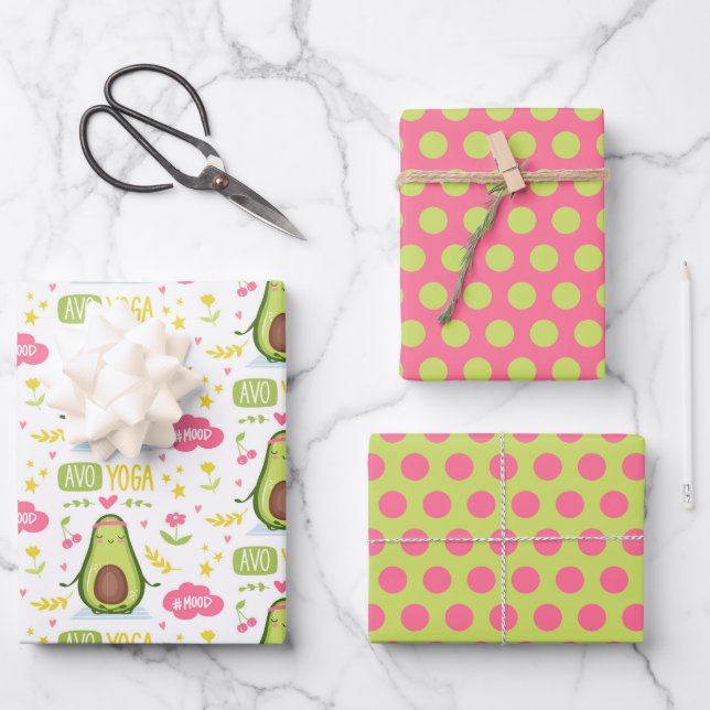 Avocado Yoga Wrapping Paper Set 3 Geschenkpapier Set (Vorderseite)