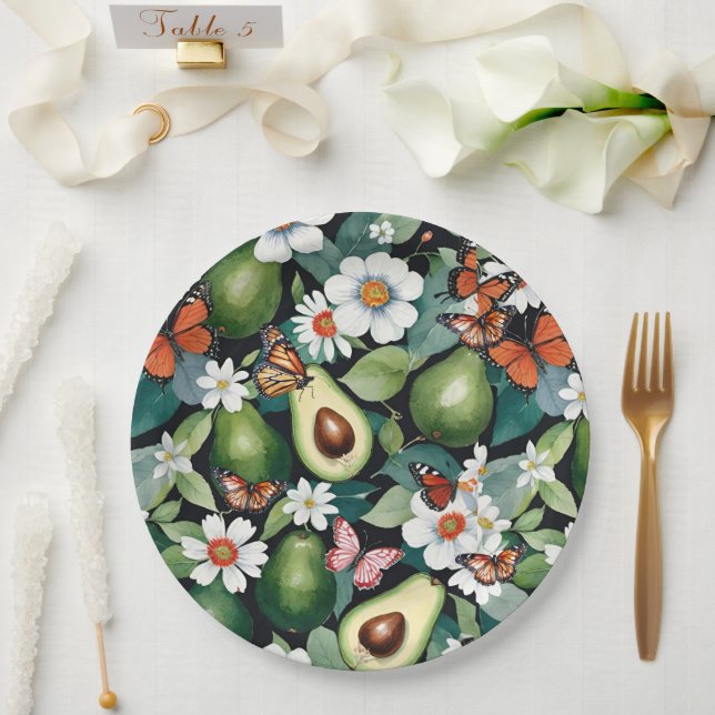 Avocados und Schmetterlinge Grüne Blüte Pappteller (Hochzeit)