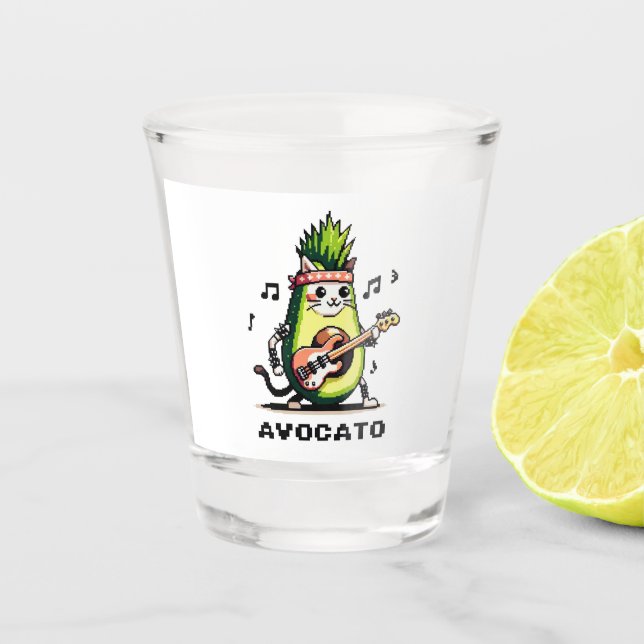 Avocato - Funny Pixel Art Avocado Cat Playing Bass Schnapsglas (Vorderseite)