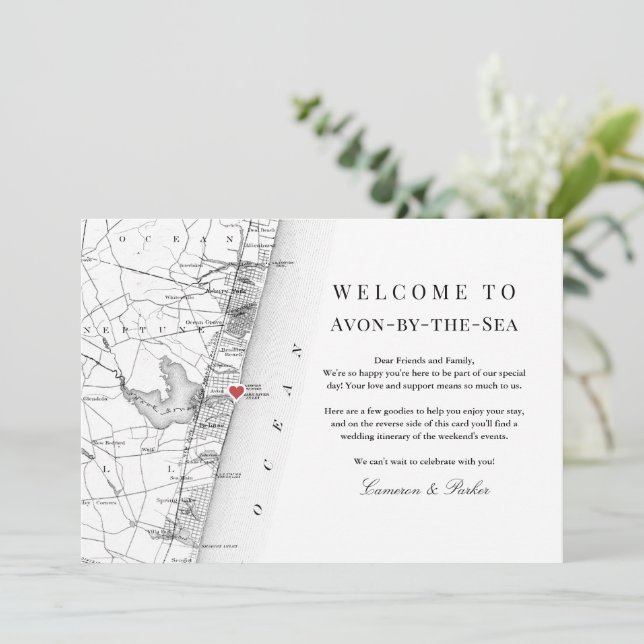 Avon NJ Map Schwarz-weiß Wedding Welcome Tour Dankeskarte (Stehend Vorderseite)