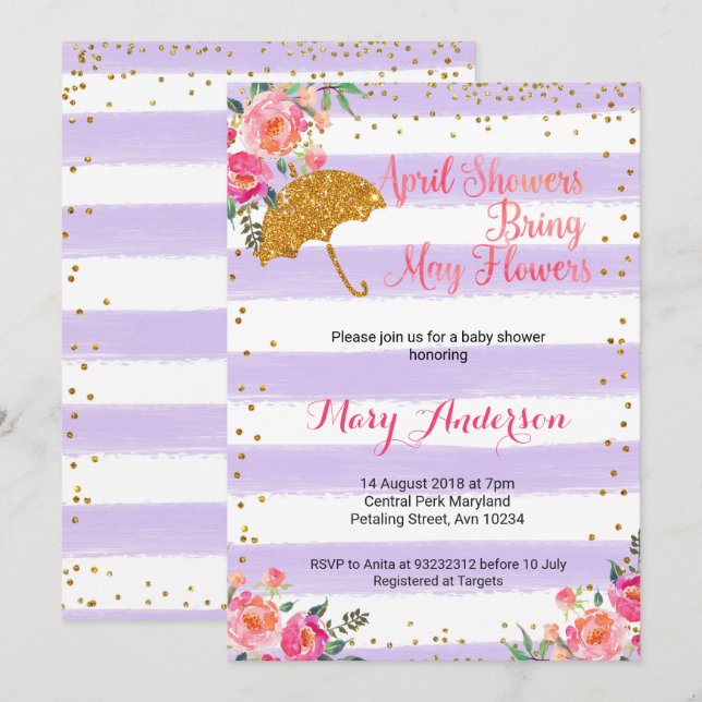 Avril Douches Invitation Baby shower Lilac Purple (Devant / Derrière)