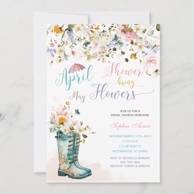 Avril Douches Mai Fleurs Invitations (Devant)