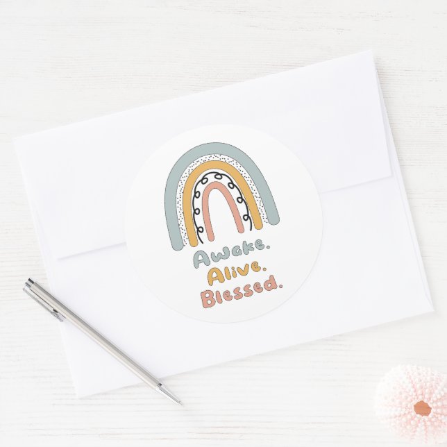Awake, lebendig, gesegnet motivierend Boho-Regenbo Runder Aufkleber (Umschlag)