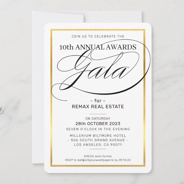 AWARDS GALA DINNER Modernes Business Gold schwarz Einladung (Vorderseite)