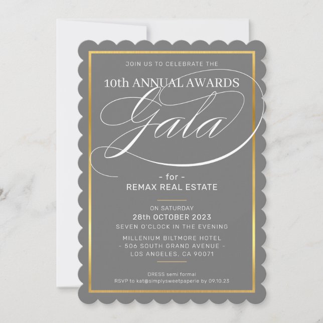 AWARDS GALA DINNER Modernes Business Grau Gold Einladung (Vorderseite)