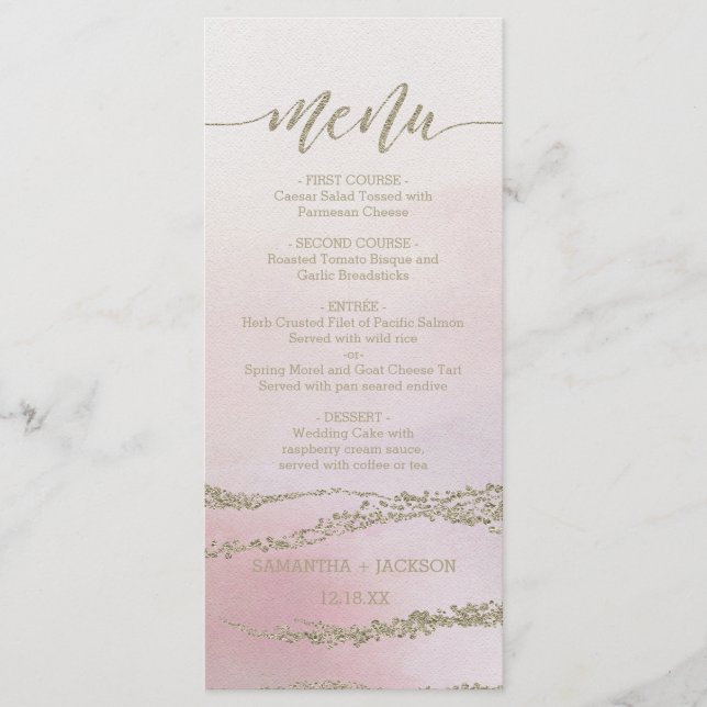 Awash Elegante Wasserfarbe im Blush Wedding Menu Menükarte (Vorderseite)