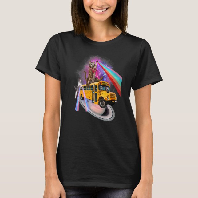 Awesome Back To School Cat Bus Rainbow Outer Space T-Shirt (Vorderseite)