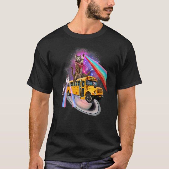 Awesome Back To School Cat Bus Rainbow Outer Space T-Shirt (Vorderseite)