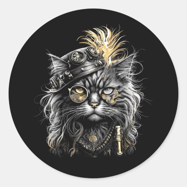 Awesome Steampunk Cat  Runder Aufkleber (Vorderseite)