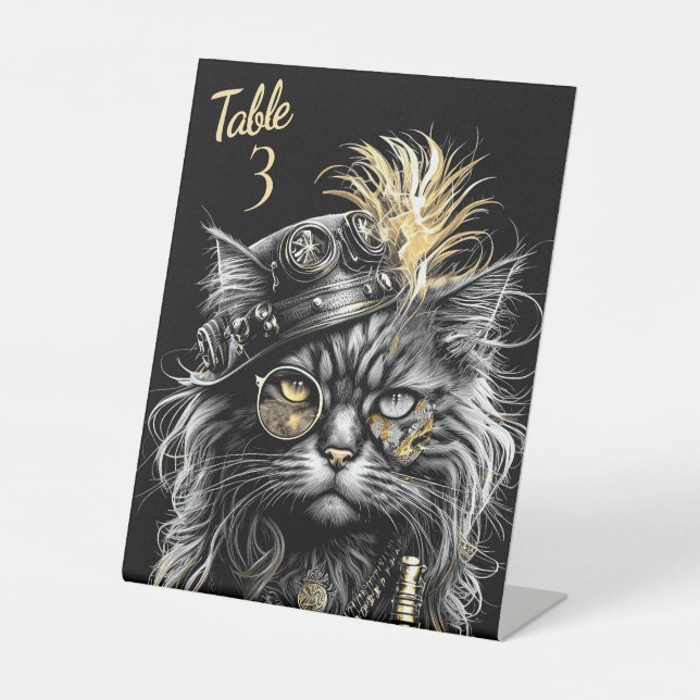 Awesome Steampunk Cat Table Number Sockelschild (Vorderseite)