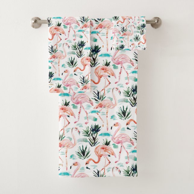 AWKWARRRD Aquarell-Rosa-Flamingos Badhandtuch Set (Insitu)