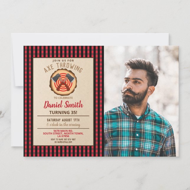 Ax Throwing Birthday Wood Lumberjack Kariertes Fot Einladung (Vorderseite)