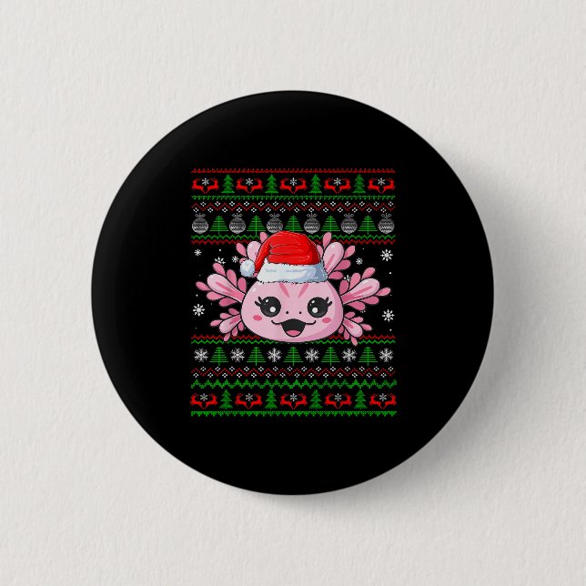 Axolotl Christmas Ugly Sweater Santa Axolotl Head  Button (Vorderseite)
