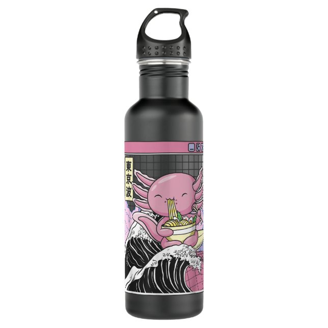 Axolotl Eating Ramen Kanagawa Wave Kawaii Japan Va Edelstahlflasche (Vorderseite)