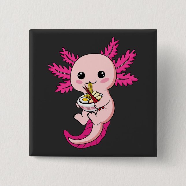 Axolotl Eating Ramen Noodles Kawaii Anime Square Button (Vorderseite)