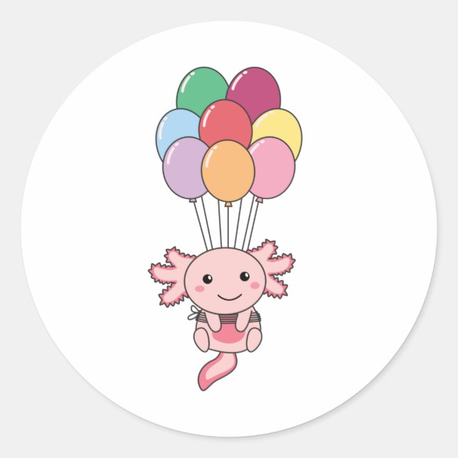 Axolotl fliegt mit farbenfrohen Balloons auf. Runder Aufkleber (Vorderseite)