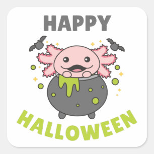 Axolotl Happy Halloween Cauldron Bat Square Sticke Quadratischer Aufkleber
