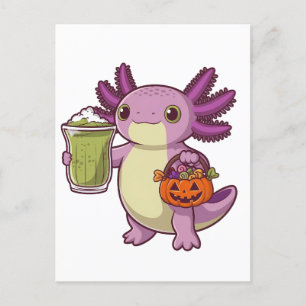 Axolotl Holding Halloween Basket und Matcha Einladungspostkarte