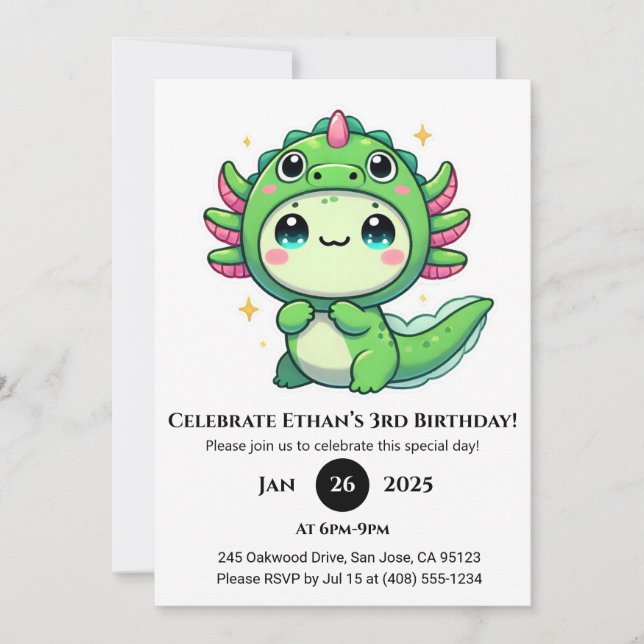 Axolotl in Dragon Hat Birthday Einladung (Vorderseite)