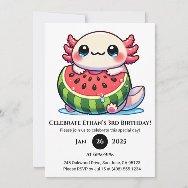 Axolotl in Watermelon Float Birthday Einladung (Vorderseite)