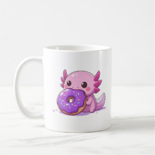 Axolotl isst lila Donuts. Kaffeetasse