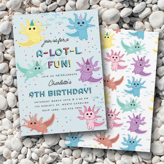 Axolotl Kids Niedlich Salamander Blue Birthday Par Einladung (Axolotl Kids Cute Salamander Blue Birthday Party Invitation)
