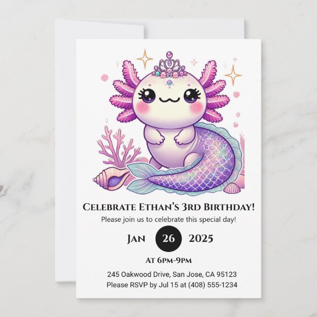 Axolotl Mermaid Princess Birthday Einladung (Vorderseite)