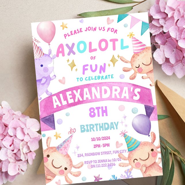 Axolotl Pink Girl Niedlich Salamander Aquatic Birt Einladung (Axolotl Pink Girl Cute Salamander Aquatic Birthday Invitation)