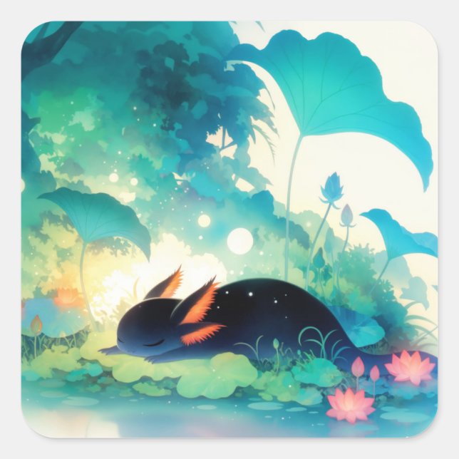 Axolotl Secret Blume Pond Hideaway Quadratischer Aufkleber (Vorderseite)