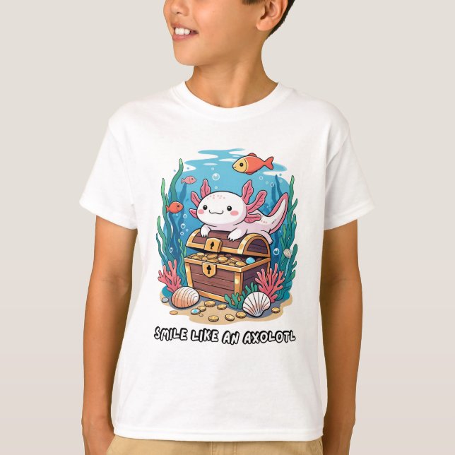 Axolotl sitzt stolz auf einer Schatztruhe T-Shirt (Vorderseite)