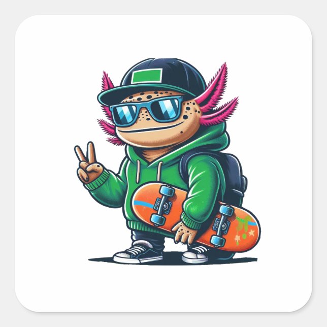 Axolotl Skateboarder Quadratischer Aufkleber (Vorderseite)