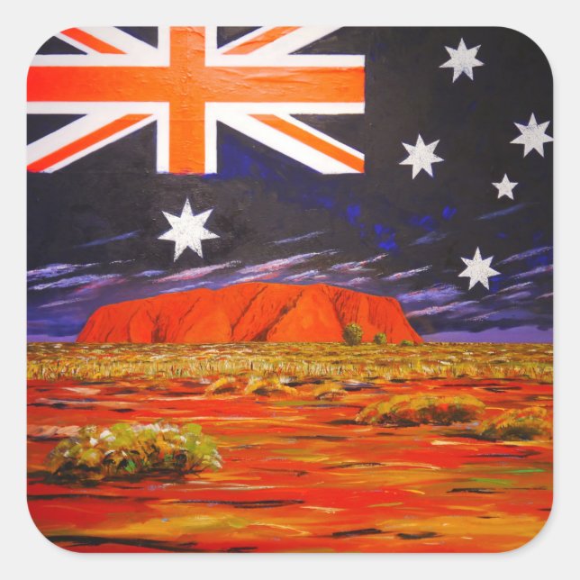 Ayers Rock und australische Flagge Quadratischer Aufkleber (Vorderseite)
