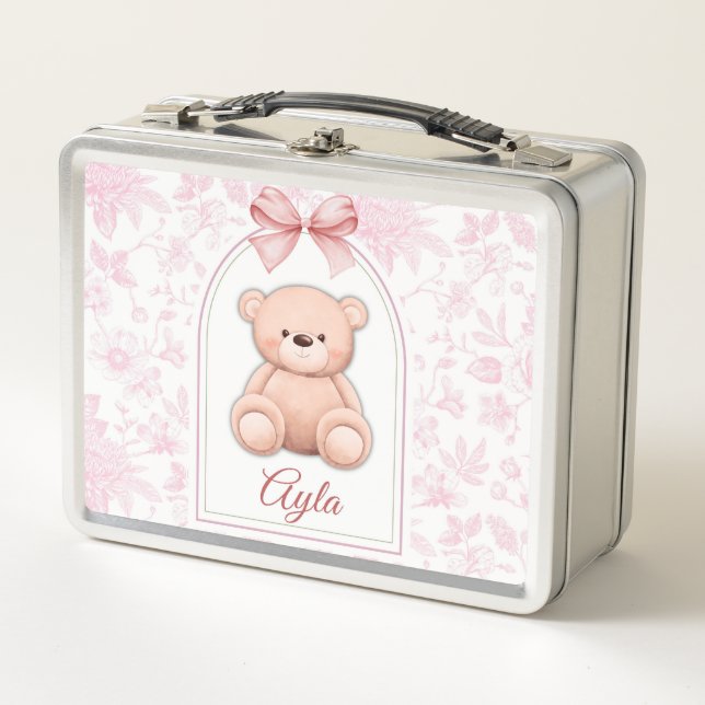 Ayla | Benutzerdefiniertes rosa Teddy-Bär-Kinderzi Metall Brotdose (Vorderseite)