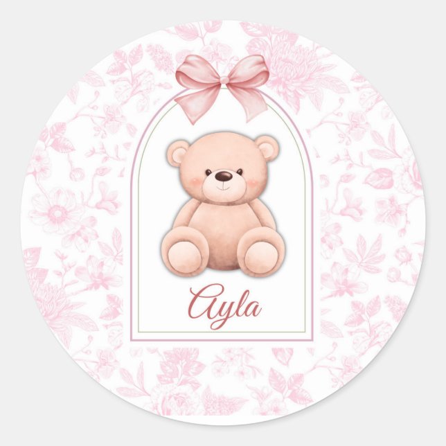 Ayla | Benutzerdefiniertes rosa Teddy-Bär-Kinderzi Runder Aufkleber (Vorderseite)