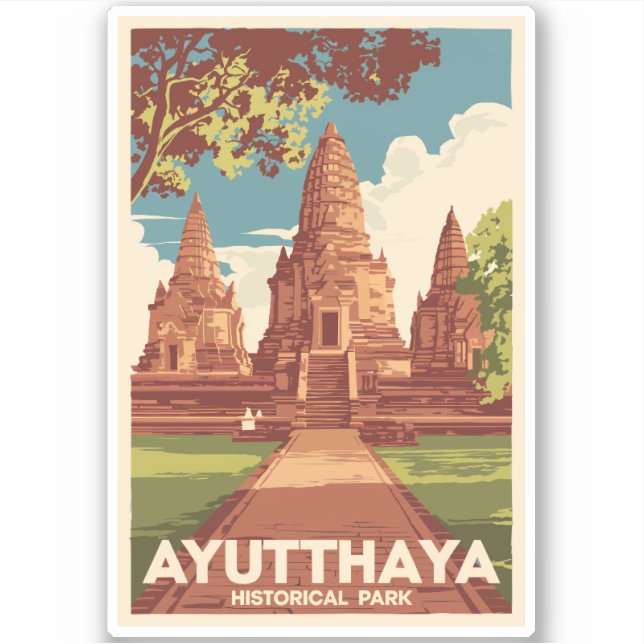 Ayutthaya Historischer Park Illustration Reisen Ku Aufkleber (Vorderseite)