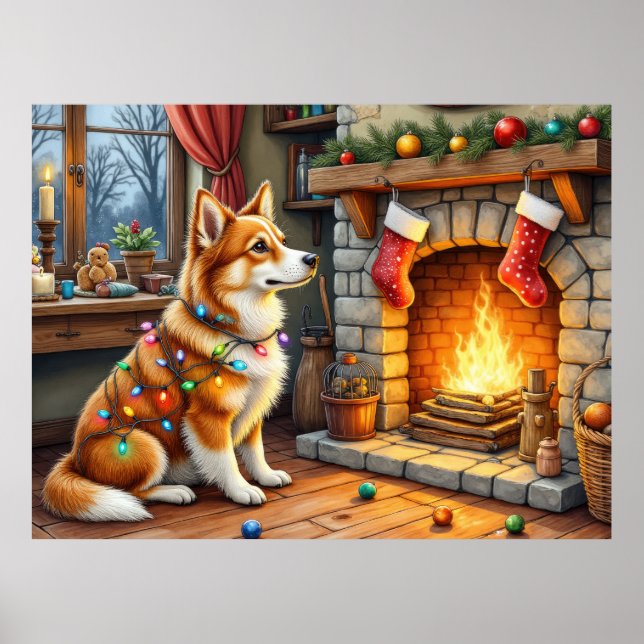 Azawakh Sitting by Fireplace with Christmas Lights Poster (Vorne)