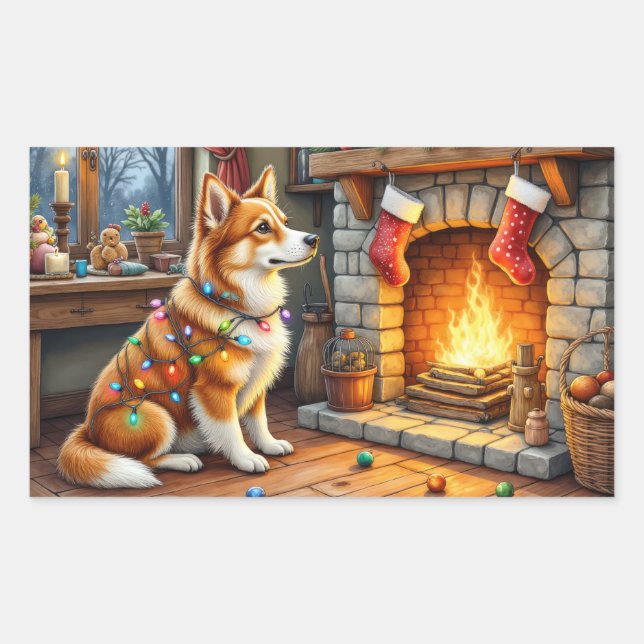 Azawakh Sitting by Fireplace with Christmas Lights Rechteckiger Aufkleber (Vorderseite)