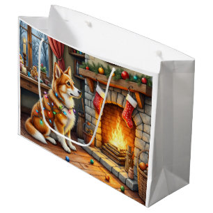 Azawakh sitzt neben dem Kamin mit Weihnachtsbeleuc Große Geschenktüte